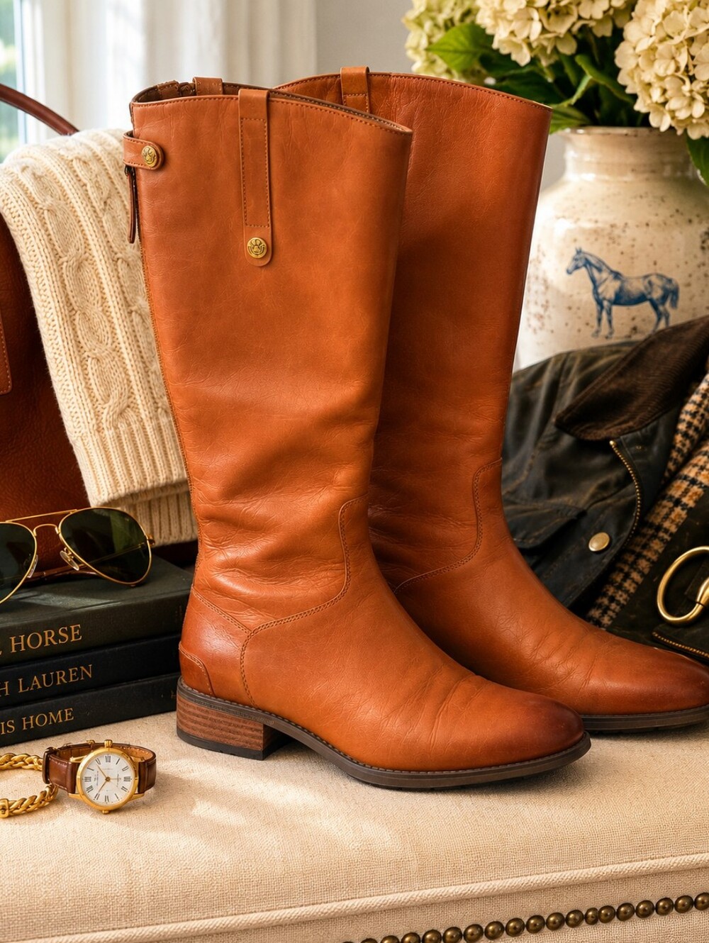 Sam Edelman Penny Leather Riding Boots – Cognac Brown | Size 9.5 Wide Calf